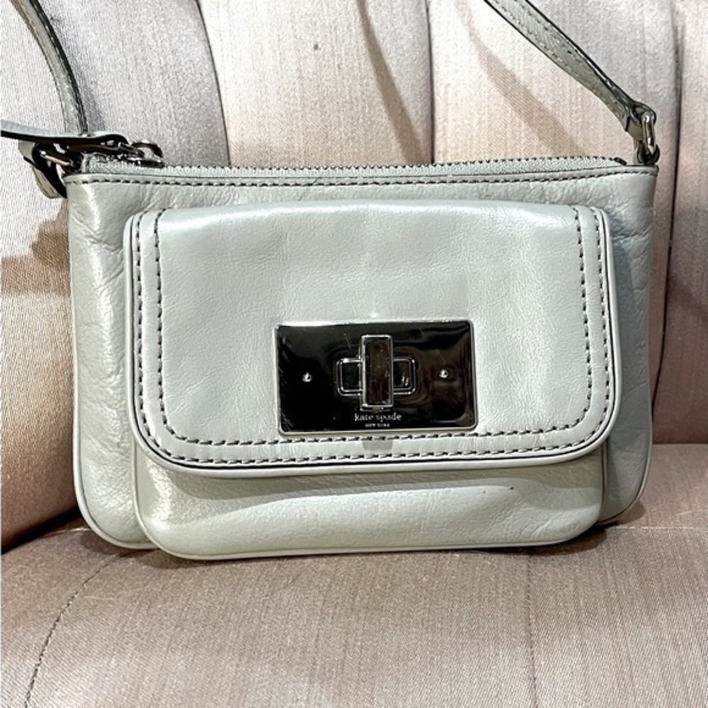 Kate Spade Crossbody Wallet Stone White Leather with Polka Dot Lining